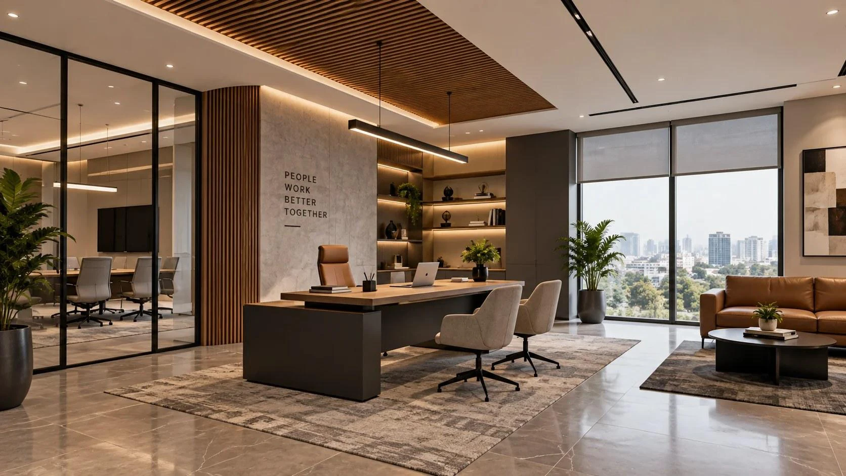Modern executive office interior with work areas and glass partitions